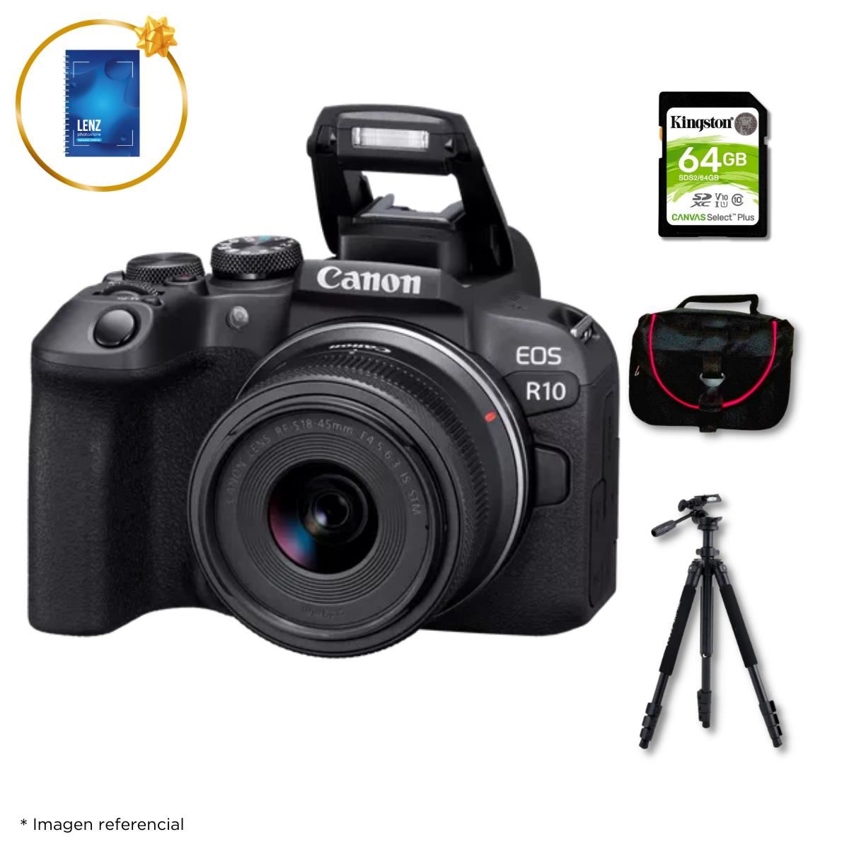 Cámara Canon EOS R10 + Lente RF-S 18-45mm + Kit Deluxe de Accesorios